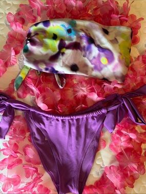 Tie-Side Purple Bikini Bottom with Multicolor Bandeau Top